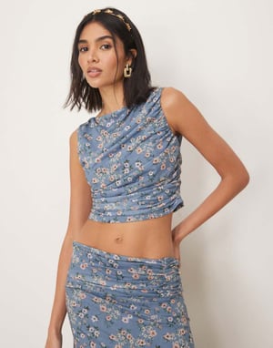 ASOS DESIGN co-ord backless ruched drape top in blue floral