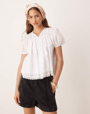 ASOS DESIGN cotton lace trim blouse in cream