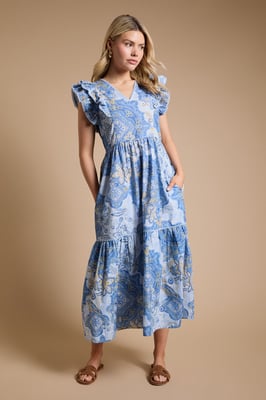 Blue Paisley Lace Trim V Neck Printed Poplin Midi Dress