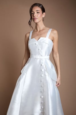 Lisa Tan Twill Volume Belted Midi Wedding Dress