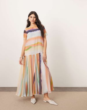ARRANGE sheer chiffon drop waist maxi t-shirt dress in blurred stripe