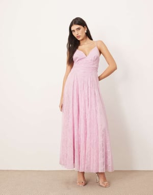 ARRANGE ruched waist maxi dress in lace in sugar pink