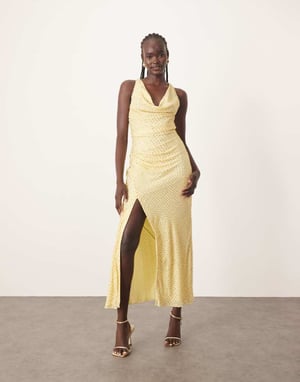 ARRANGE embellished crystal drape maxi dress with twist detail in lemon