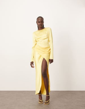 ARRANGE sleek satin drape maxi dress with open back in lemon