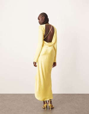 ARRANGE sleek satin drape maxi dress with open back in lemon