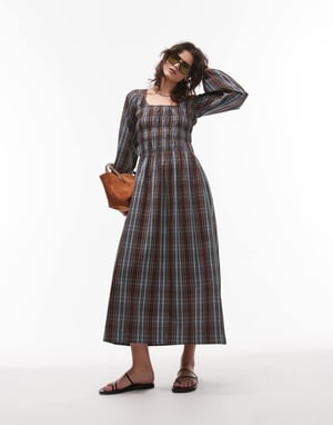 Topshop rynkad långärmad midiklänning i blå vintagerutigt