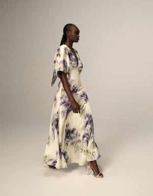 ARRANGE modern 30's maxi satin dress with shoulder pad in blurred floral