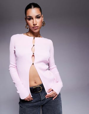 Kaiia exclusive button through split front longline cardigan in fondant pink