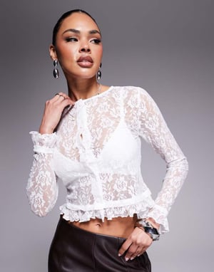 ASOS DESIGN lace shrunken cardigan with mini frill detail in ecru