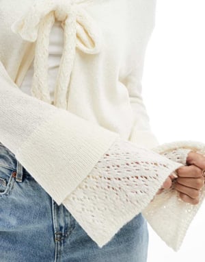 Miss Selfridge tie front cardigan with fluted sleeve in cream