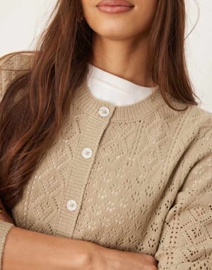 ASOS DESIGN open stitch cardigan with deep rib hem in mocha