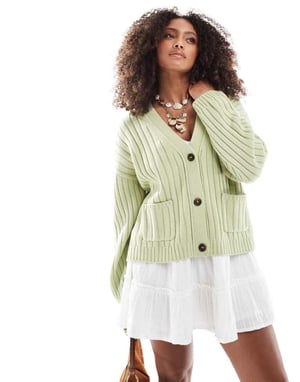 ASOS DESIGN boxy longline cardigan in rib in sage