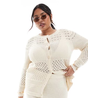 Vero Moda Curve patched crochet cardigan co-ord in cream