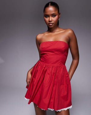 Kaiia exclusive cotton rich poplin bandeau contrast lace hem mini skater dress in red and white