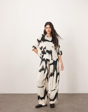 ARRANGE satin straight leg trouser co-ord in mono abstract print