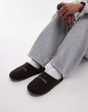 Tommy Hilfiger teddy slippers in dark brown