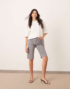 ARRANGE Cleo denim longline short with raw hem in slate grey