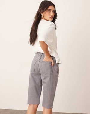 ARRANGE Cleo denim longline short with raw hem in slate grey
