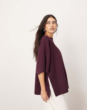 ARRANGE premium compact knitted oversized t-shirt in burgundy