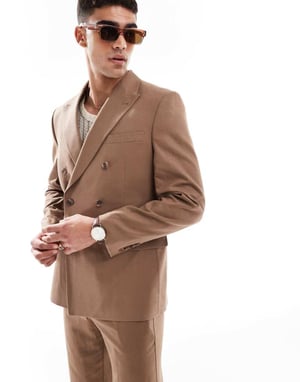 ASOS DESIGN linen blend double breasted regular suit jacket in brown