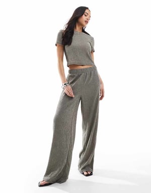 Vero Moda textured plisse wide leg trouser co-ord in white and black spacedye
