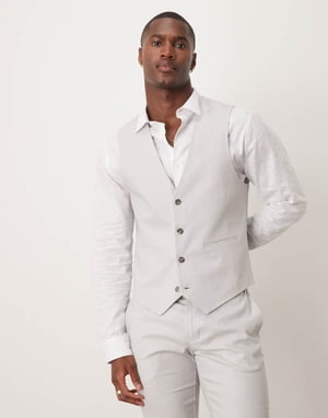 ASOS DESIGN linen blend skinny suit waistcoat in grey
