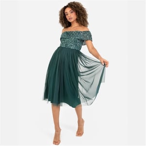 Women's Maya Deluxe De Bardot Off The Shoulder Short Sleeve Midi Babydoll Dress in Emerald