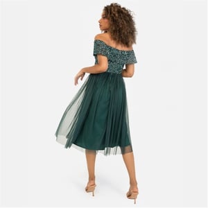 Women's Maya Deluxe De Bardot Off The Shoulder Short Sleeve Midi Babydoll Dress in Emerald