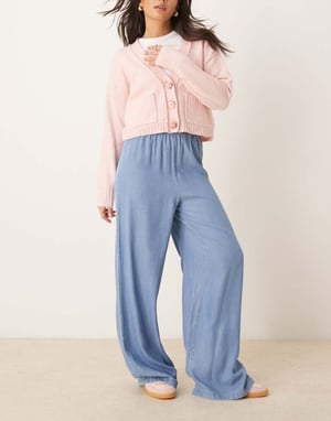 Vila elasticated waist wide leg chambray trousers in light blue denim