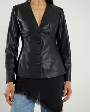 River Island Womens Top Black Faux Leather Fitted V-Neck
