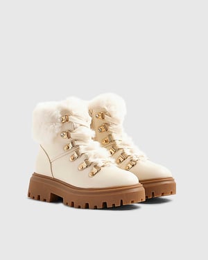 River Island Girls Hiker Boots Cream Lace Up Side Zip