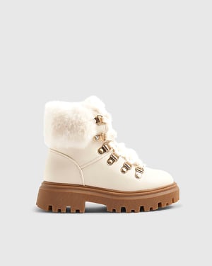 River Island Girls Hiker Boots Cream Lace Up Side Zip