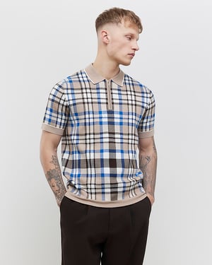 River Island Mens Polo Shirt Beige Slim Fit Check Quarter Zip