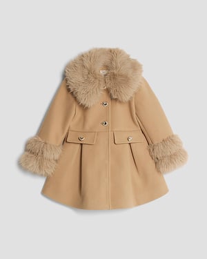 River Island Mini Girls Longline Coat Beige Hooded Padded