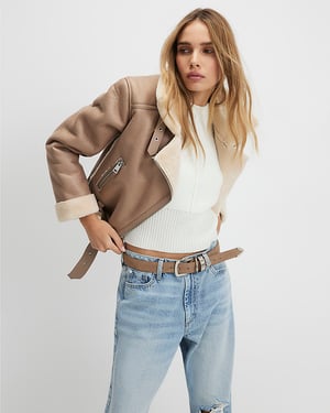 River Island Womens Aviator Jacket Brown Belted Cropped