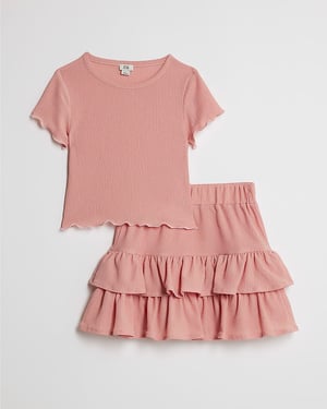 River Island Girls T-Shirt & Skirt Set Pink Textured Rara 2 Piece