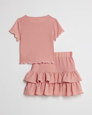 River Island Girls T-Shirt & Skirt Set Pink Textured Rara 2 Piece