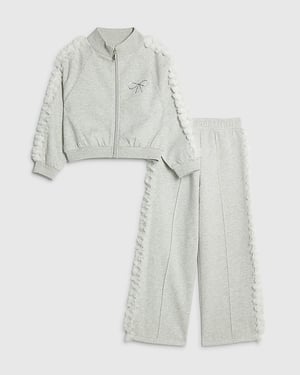 River Island Girls Sweatshirt & Joggers Set Grey Bow Ruffle 2 Piece
