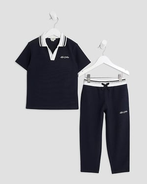 River Island Mini Boys Polo Shirt & Joggers Set Navy 2 Piece