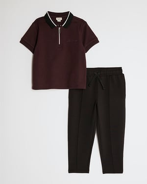 River Island Mini Boys Polo Shirt & Joggers Set Red Ottoman 2 Piece