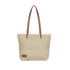 Womens Beach Bag - Large Straw Summer Tote with Zip Closure in Beige