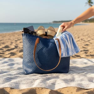 Large Woven Straw Beach Bag - Open-Top Summer Tote in Navy