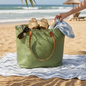 Large Woven Straw Beach Bag - Open-Top Summer Tote in Green