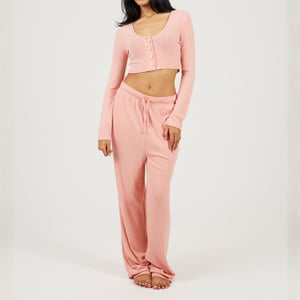 Women's Brave Soul Long Sleeve Cropped Top And Matching Trouser Lounge Set in Dusty Pink