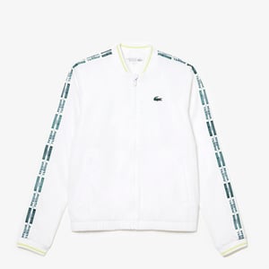 Women's Lacoste Crocodile Logo Lettering Crew Neck Bomber Collar Athletic Top in White