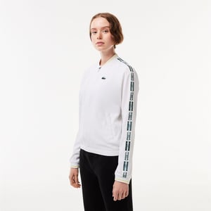 Women's Lacoste Crocodile Logo Lettering Crew Neck Bomber Collar Athletic Top in White