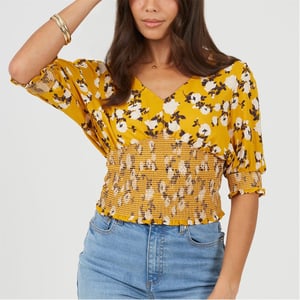 Women's Brave Soul V-Neck Three-Quarter Puff Sleeve Peasant Blouse in Yellow Floral