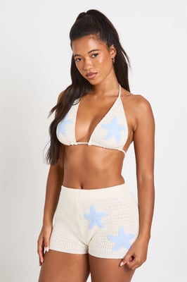 Starfish Applique Crochet Knit Bikini and Micro Short Co-Ord