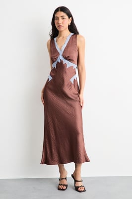 Lace Embroidered Insert Midi Bias Dress