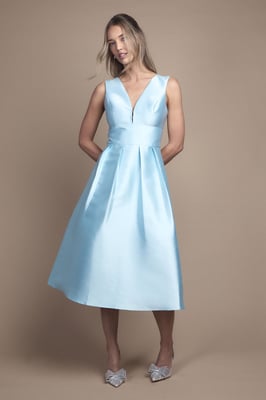 Plunge Neck Structured Twill Midi Bridesmaid Dress
